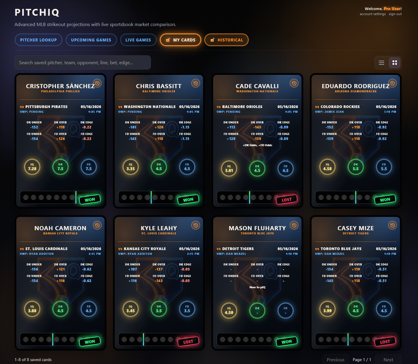 Preview of The Pitch Predictor My Cards saved projection view