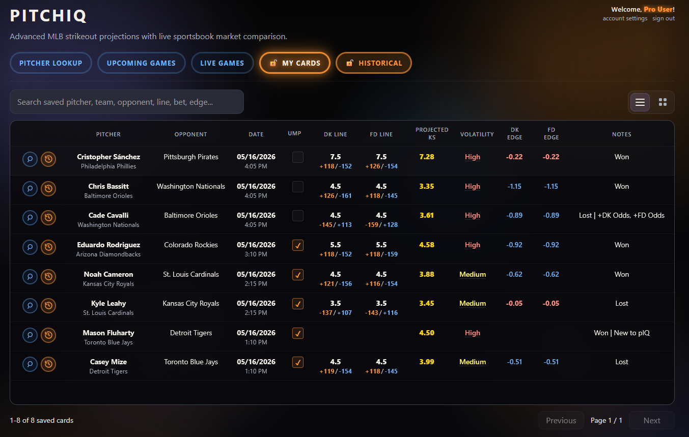 Preview of The Pitch Predictor My Cards table view