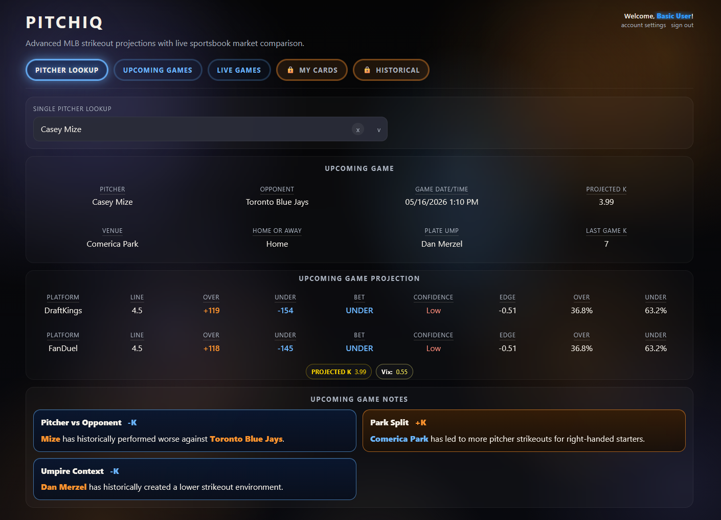 Preview of The Pitch Predictor pitcher lookup interface